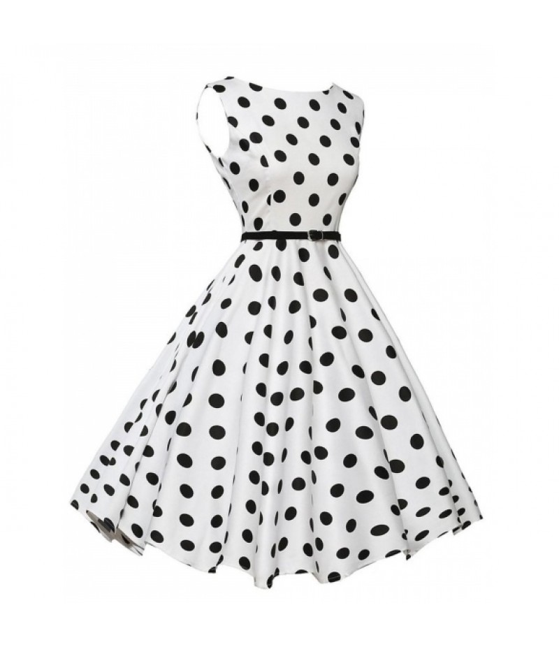 1950s Vintage O-Neck Sleeveless Polka Dot Swing Party Dress with Belt