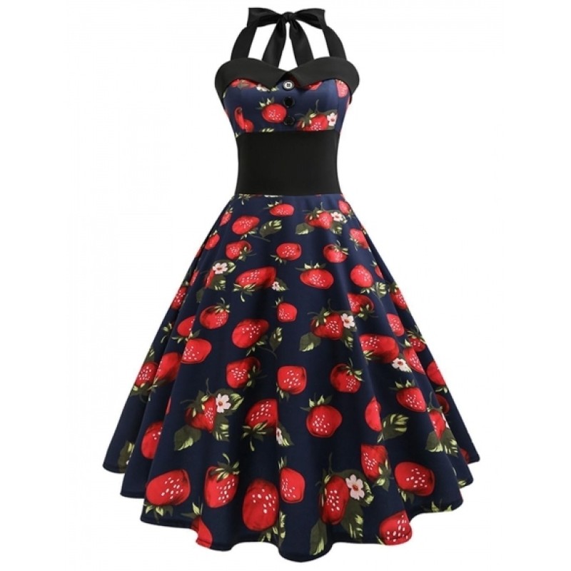 1950s Vintage Halter Sleeveless Floral Swing Party Dress