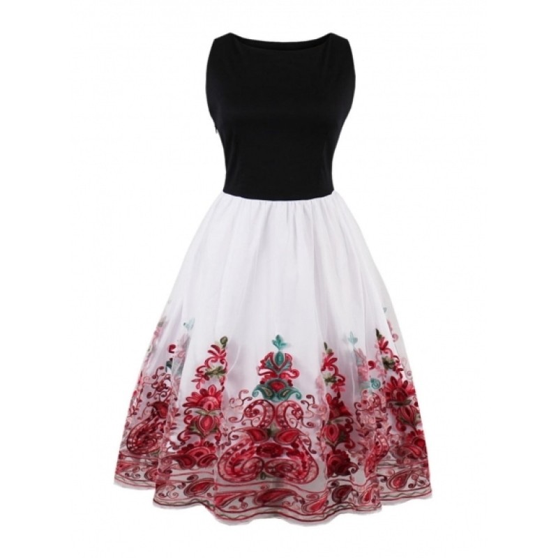 Slash Neck Sleeveless Embroidery Swing Party Dress