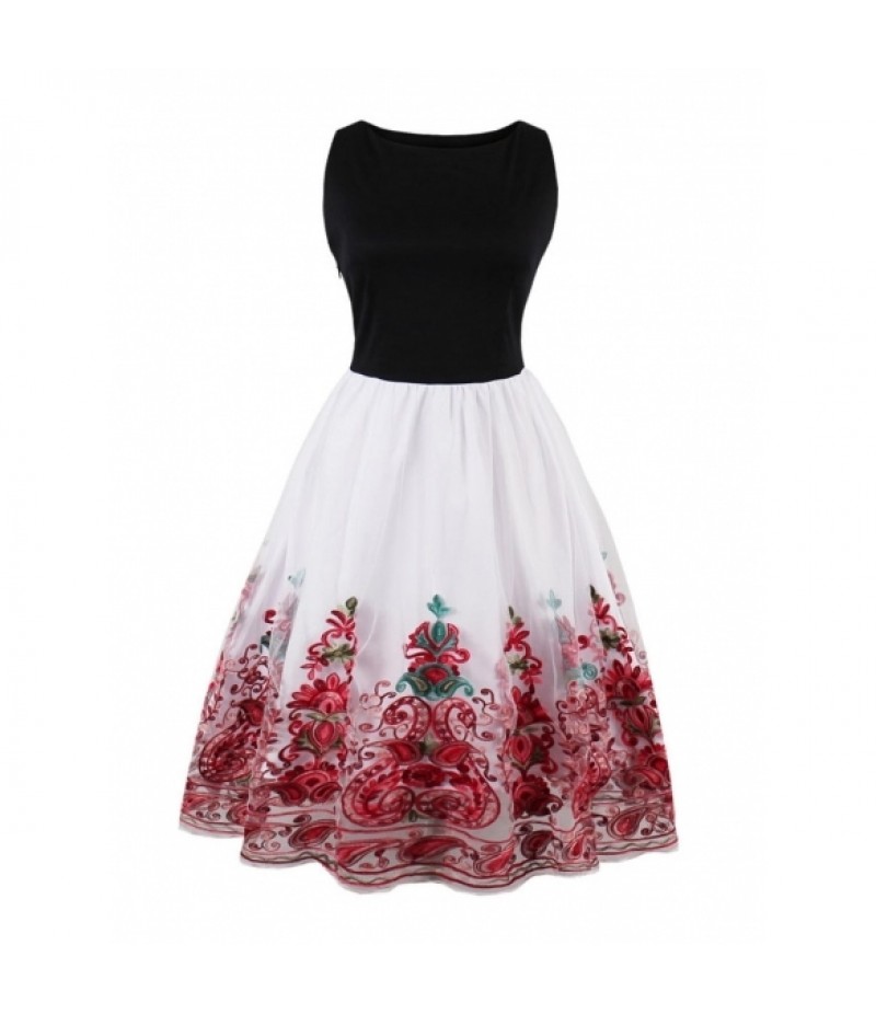 Slash Neck Sleeveless Embroidery Swing Party Dress