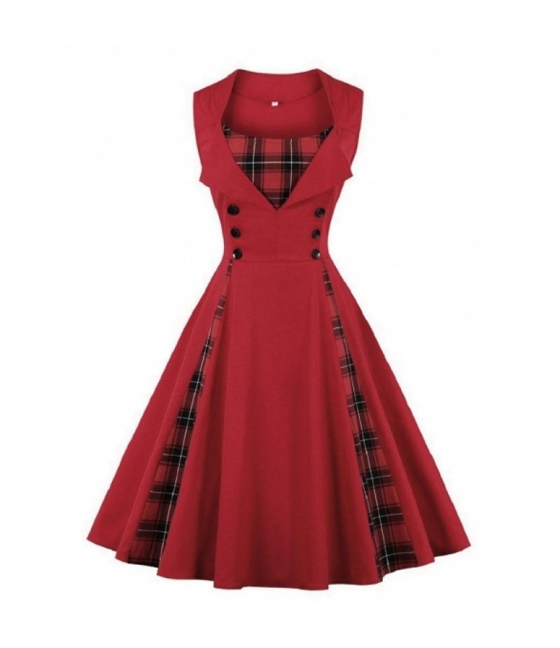 Sleeveless Plaid Patchwork Swing Party Dress