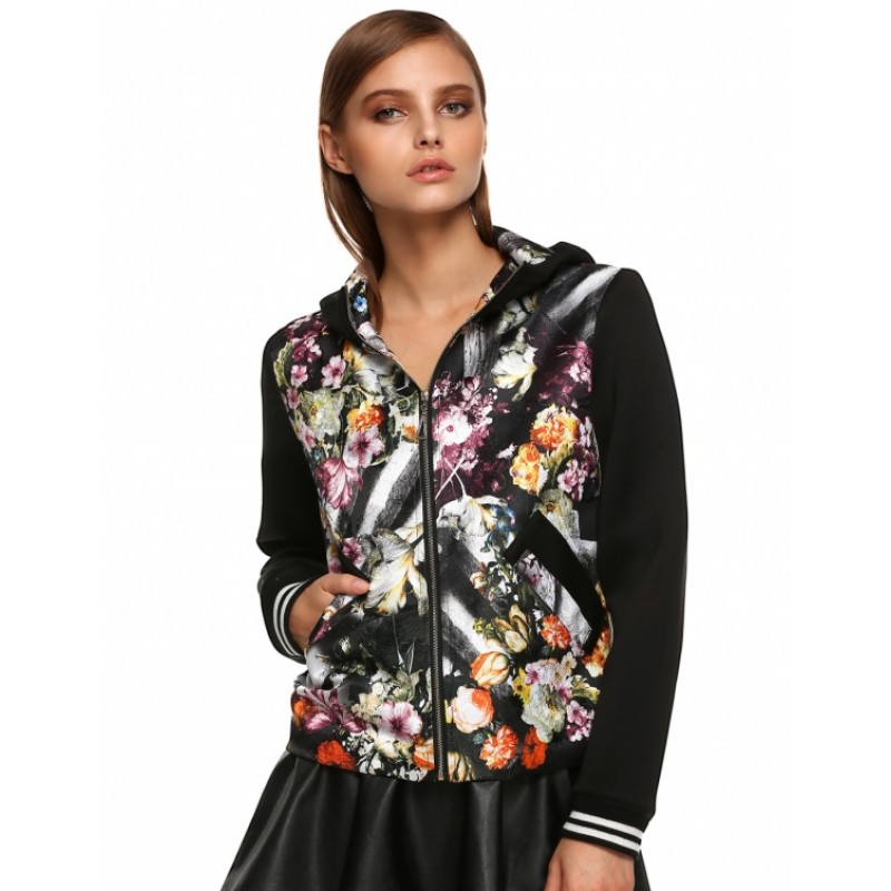 StylishFloral Patchwork Hooded Spring Autumn Jacket