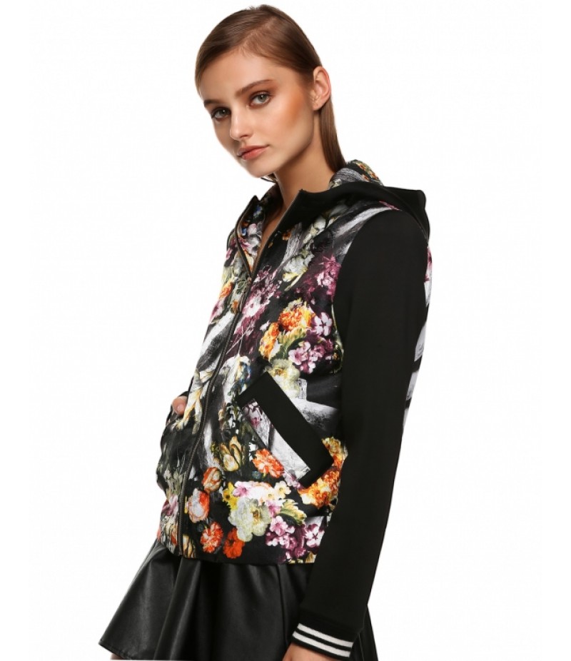 StylishFloral Patchwork Hooded Spring Autumn Jacket