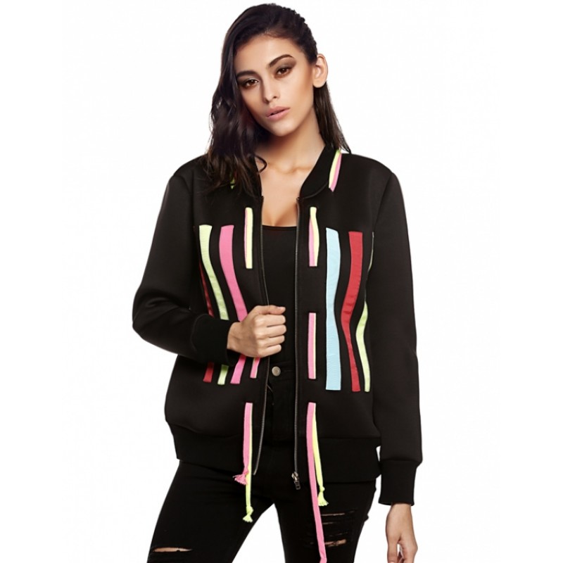 Stylish Ladies Cool Colorful Vertical Stripe Hoodie String Long Sleeve Zipper Coat Jacket Top