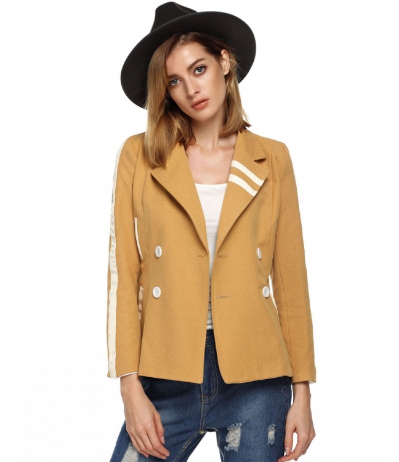 Stylish Women Casual Blazer Lapel Double Breasted Long Sleeve Patchwork Slim Coat Outwear