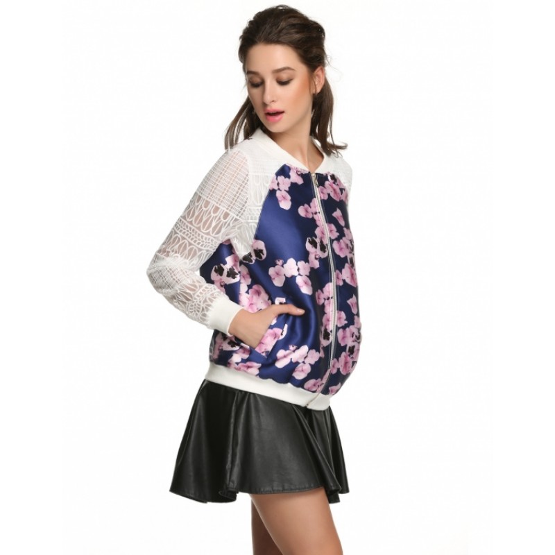 Women Lace Organza Sleeve Patchwork Floral Jacket Tops