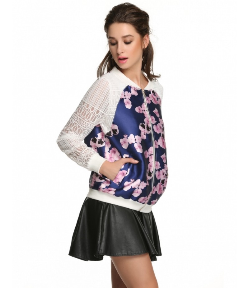 Women Lace Organza Sleeve Patchwork Floral Jacket Tops