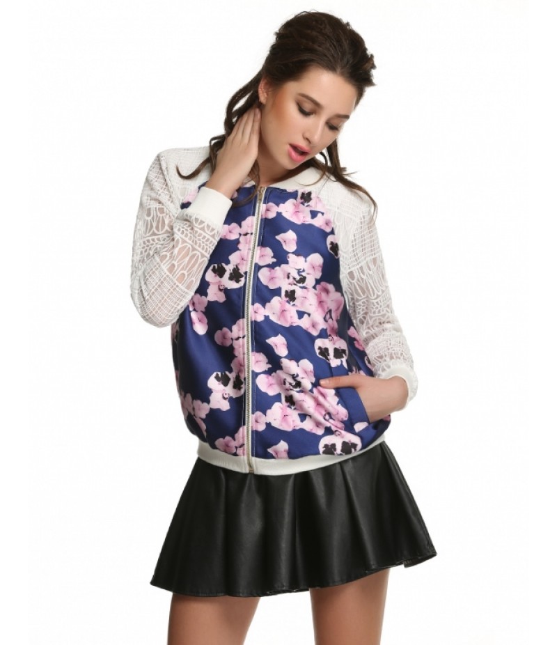 Women Lace Organza Sleeve Patchwork Floral Jacket Tops