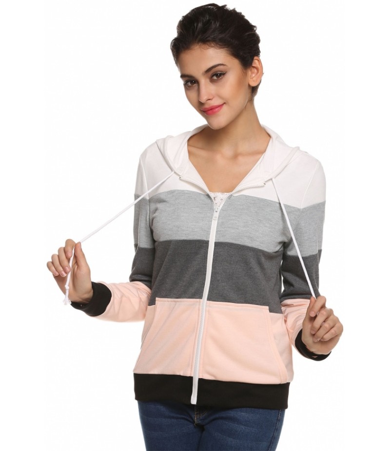 Women Sports Hoodie Zipper Long Sleeve Splicing Pockets Hooded Hoody Coat Jacket