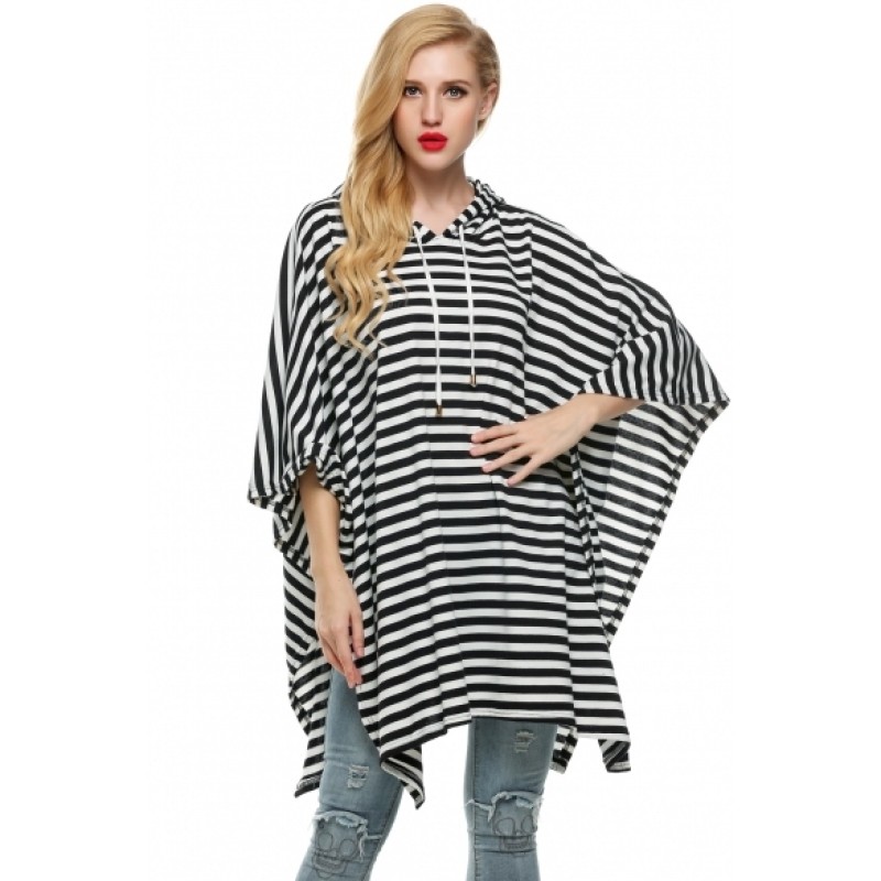 Women Hooded Stripe Pullover Batwing Sleeve Long Sweatshirt Hoodies