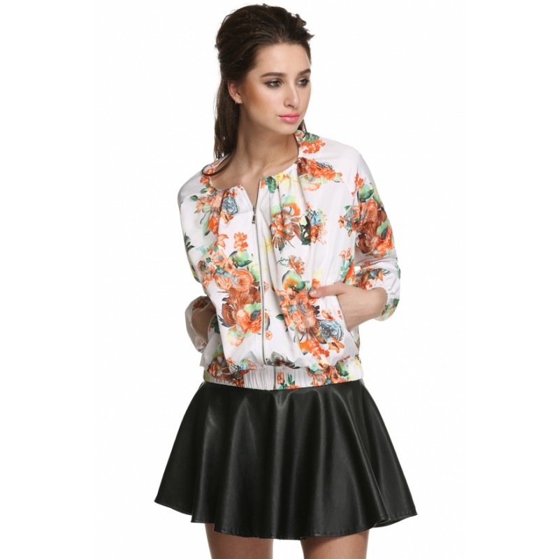 Women Casual O-Neck Long Sleeve Floral Thin Loose Jacket Coat