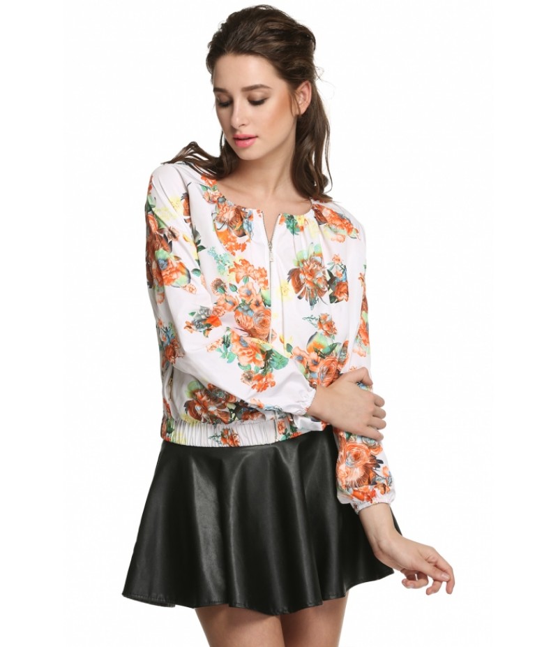 Women Casual O-Neck Long Sleeve Floral Thin Loose Jacket Coat