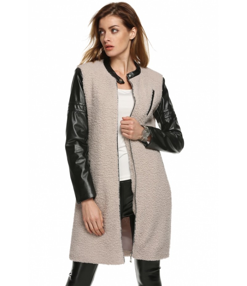 CoolLeather Patchwork Full Zipper Autumn Winter Lamb Wool Long Coat