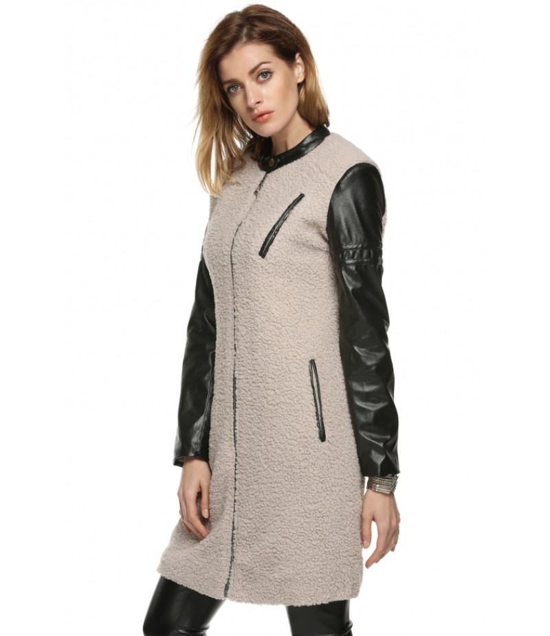 CoolLeather Patchwork Full Zipper Autumn Winter Lamb Wool Long Coat