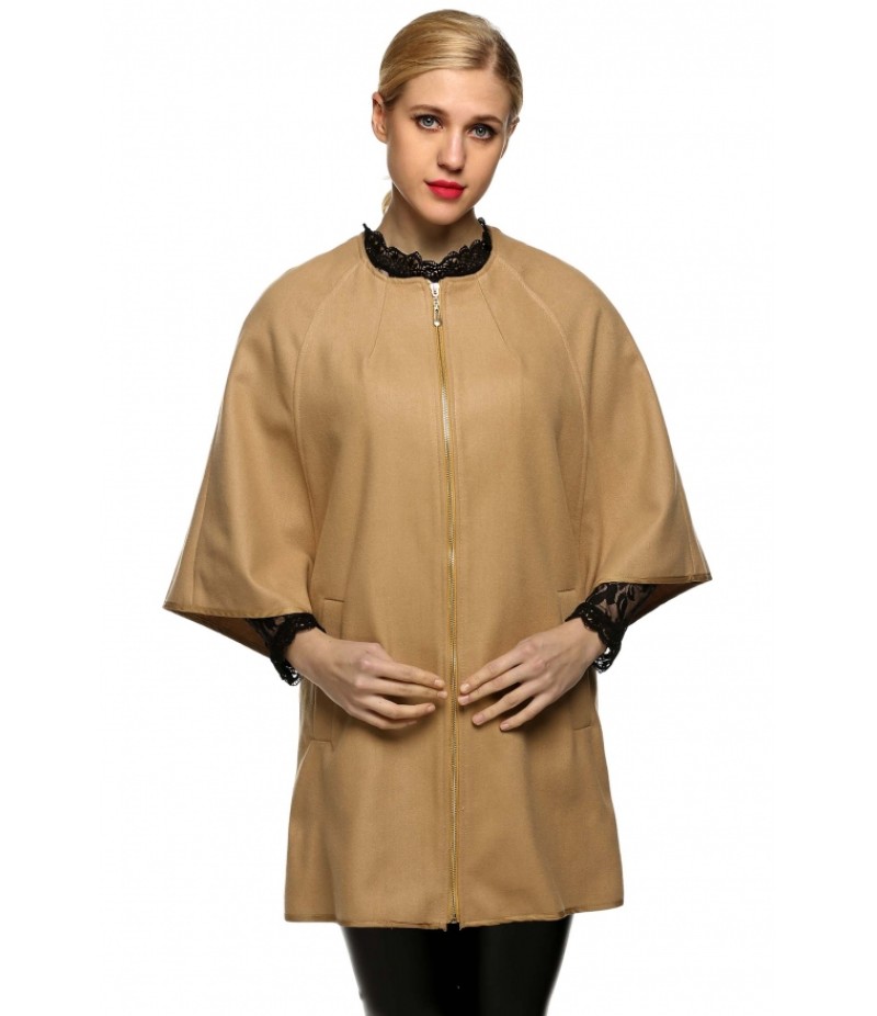 WomenWool Blend Round Neck 3/4 Batwing Sleeve Solid Zip Up Long Coat