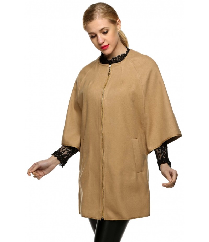 WomenWool Blend Round Neck 3/4 Batwing Sleeve Solid Zip Up Long Coat