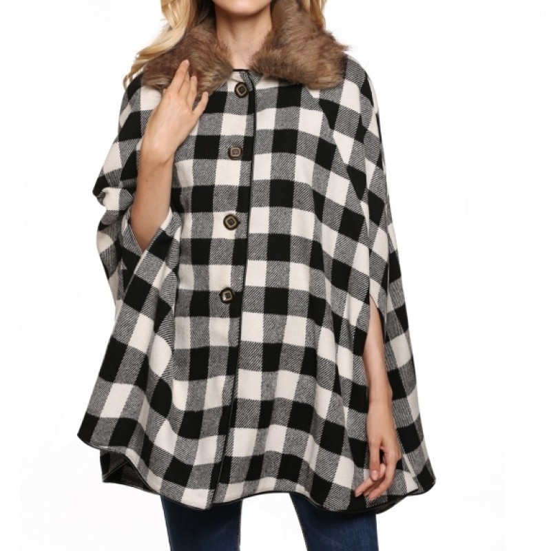 Women Casual Fur Lapel Neck Plaid Batwing Woolen Poncho Cloak Cape Coat