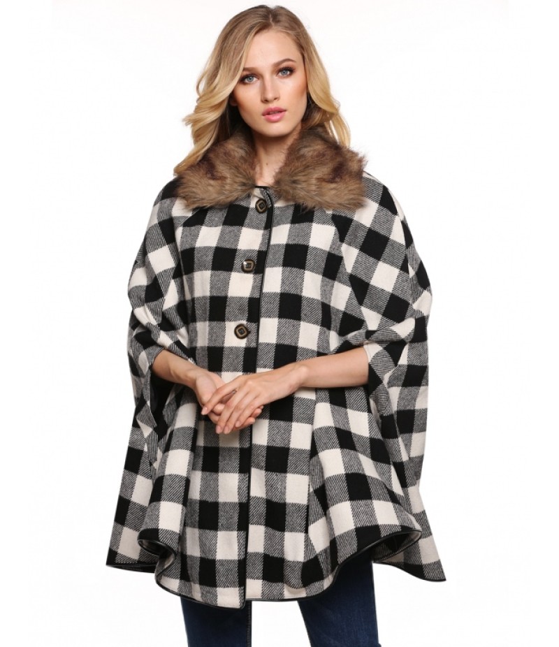 Women Casual Fur Lapel Neck Plaid Batwing Woolen Poncho Cloak Cape Coat