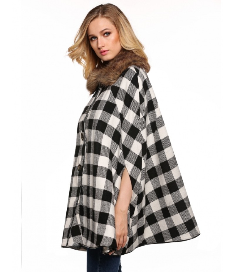 Women Casual Fur Lapel Neck Plaid Batwing Woolen Poncho Cloak Cape Coat