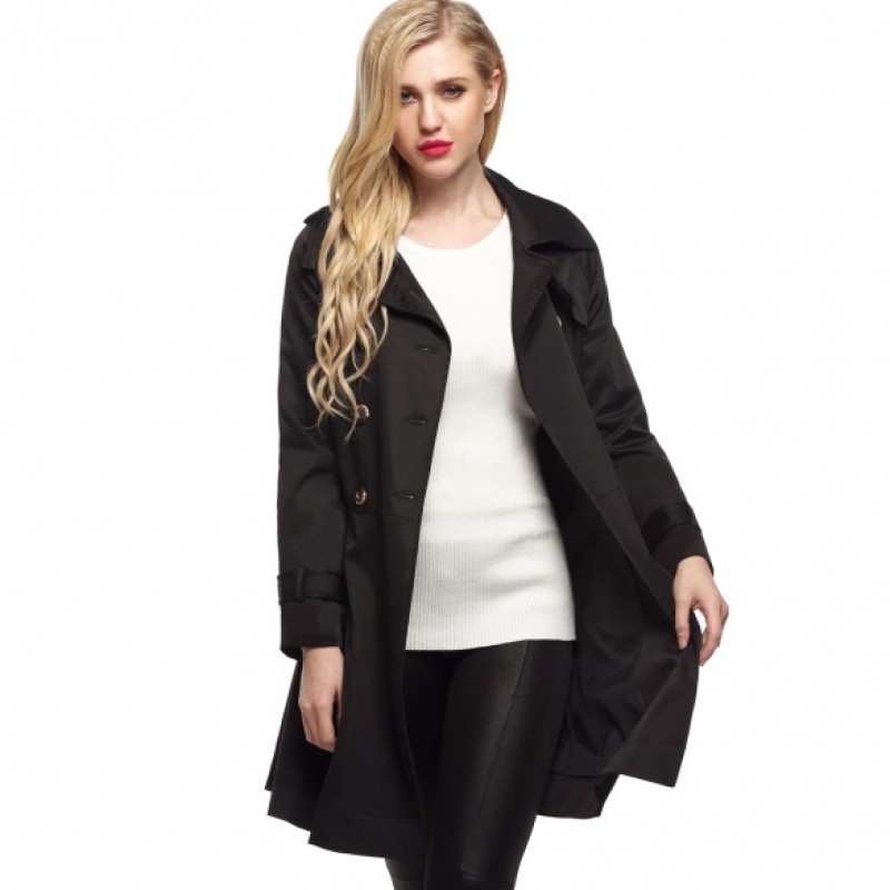 Women Casual Turndown Collar Long Sleeve Double-breasted Trench Windbreaker Outwear Jacket