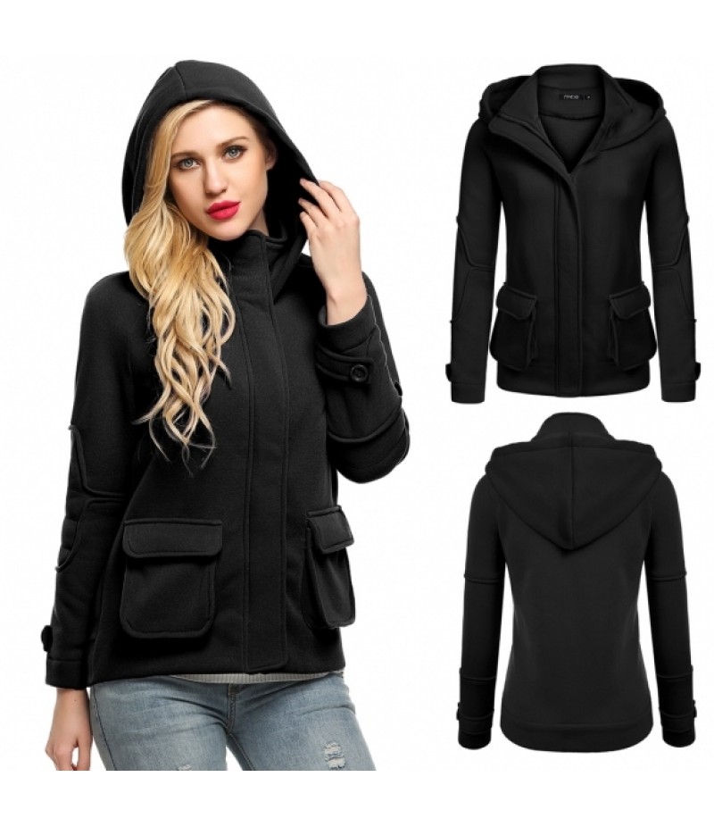 WomenLong Sleeve Zip-up Solid Fleece Hooded Jacket