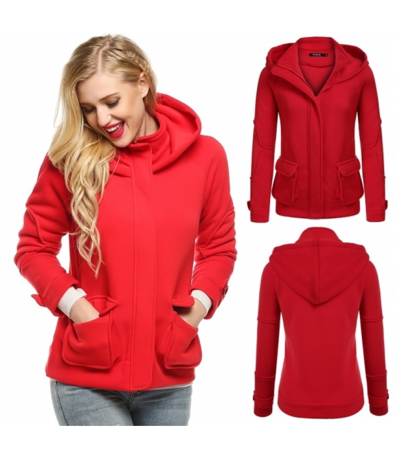 WomenLong Sleeve Zip-up Solid Fleece Hooded Jacket