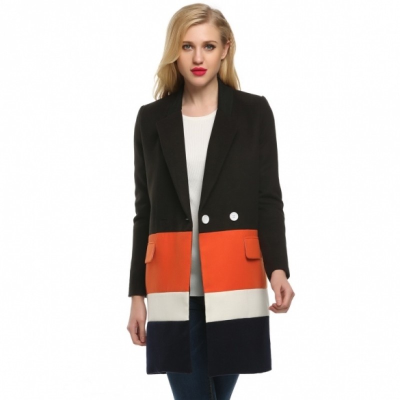 Women Lapel Long Sleeve Loose Wool Blend Splicing Long Coat Jacket Overcoat