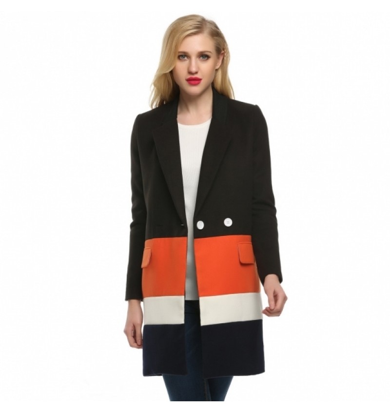 Women Lapel Long Sleeve Loose Wool Blend Splicing Long Coat Jacket Overcoat