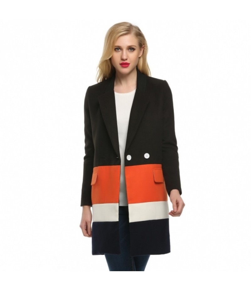 Women Lapel Long Sleeve Loose Wool Blend Splicing Long Coat Jacket Overcoat