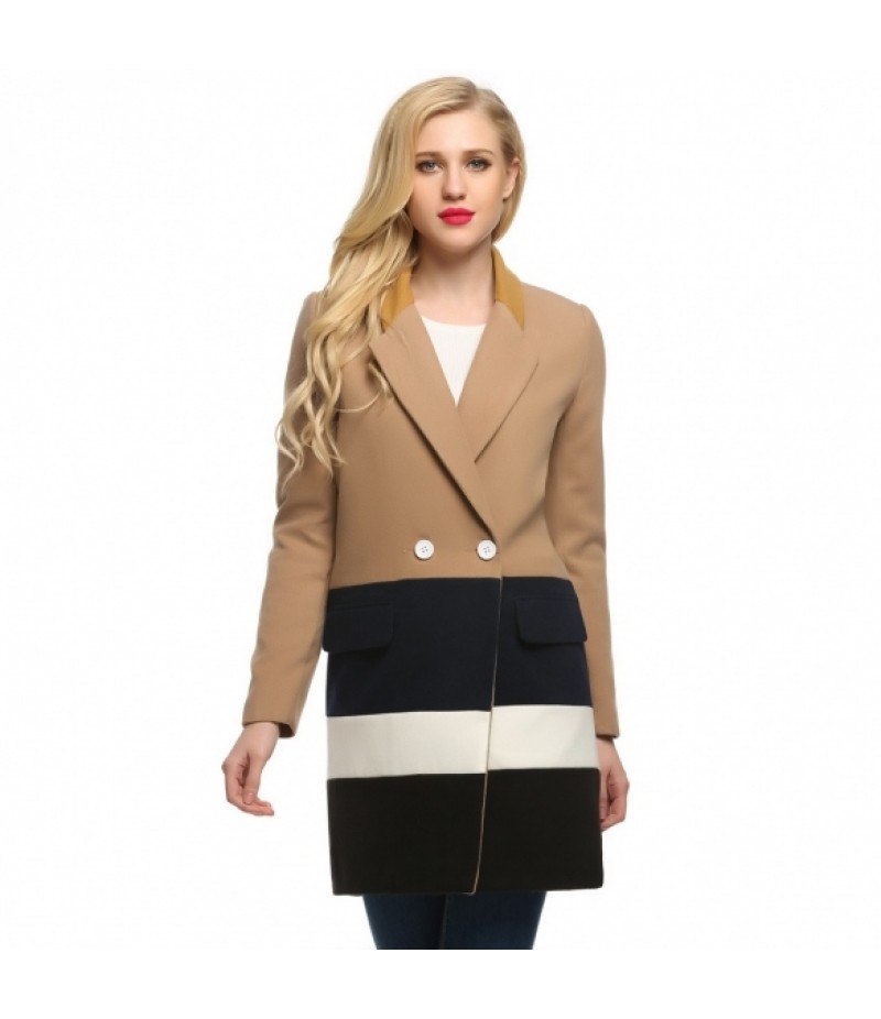 Women Lapel Long Sleeve Loose Wool Blend Splicing Long Coat Jacket Overcoat