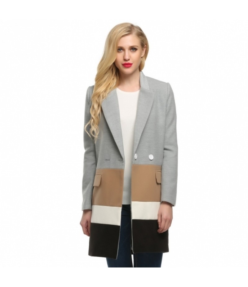 Women Lapel Long Sleeve Loose Wool Blend Splicing Long Coat Jacket Overcoat