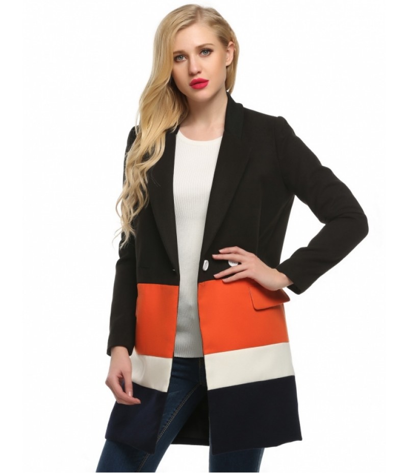 Women Lapel Long Sleeve Loose Wool Blend Splicing Long Coat Jacket Overcoat