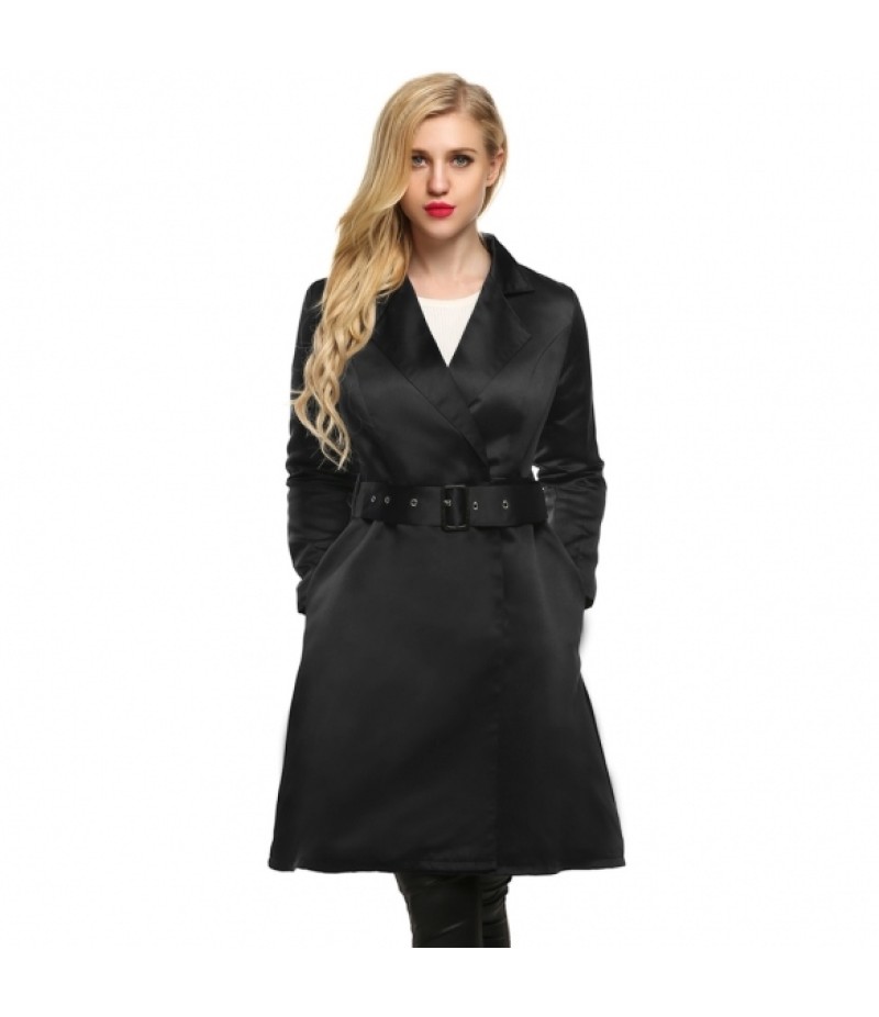 WomenElegant Notched Collar Solid Long Swing Trench Coat with Belt