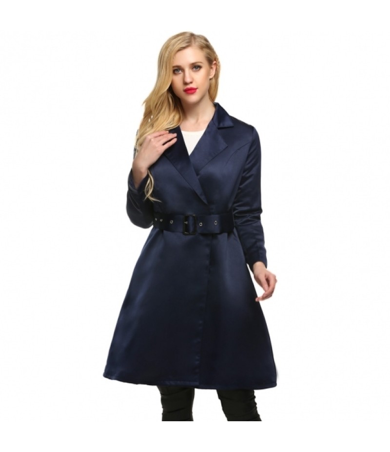 WomenElegant Notched Collar Solid Long Swing Trench Coat with Belt