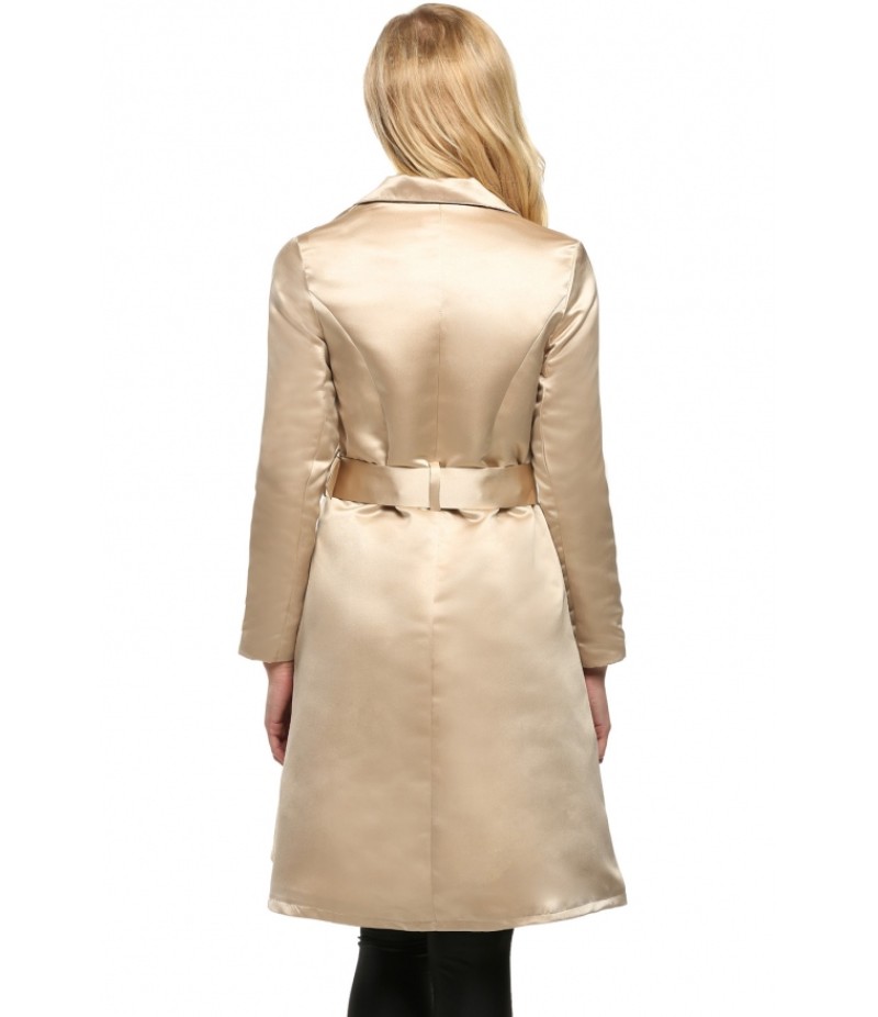 WomenElegant Notched Collar Solid Long Swing Trench Coat with Belt