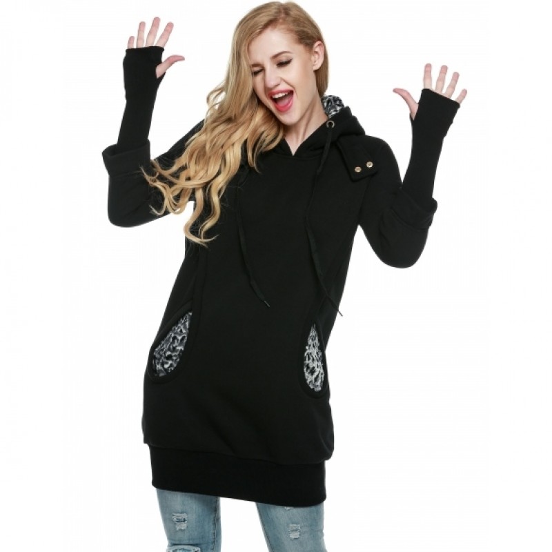 Women Winter Leopard Prints Pockets Front Lined Hoodie Long Sport Casual Sweatshirts