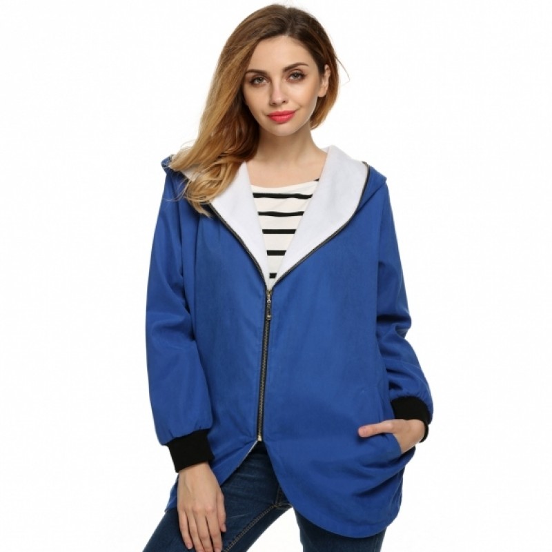 Stylish Women Irregular Slim Zipper Hooded Fleece Coat Overcoat Jacket