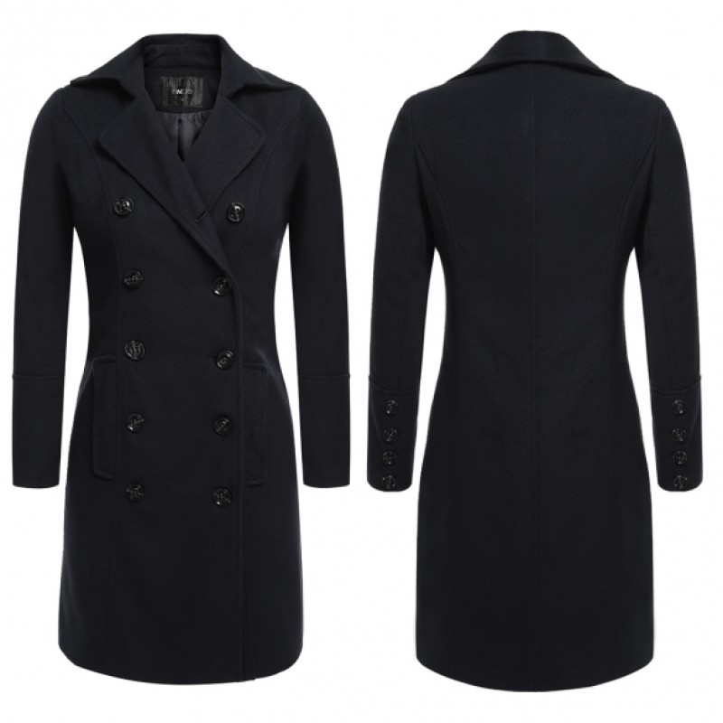 Women Casual Turn Down Collar Double Breasted Long Trench Coat